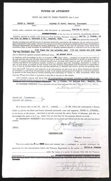 1958 Elvis Presley Signed “Power of Attorney” Document Signed Just Days Before His Army Induction