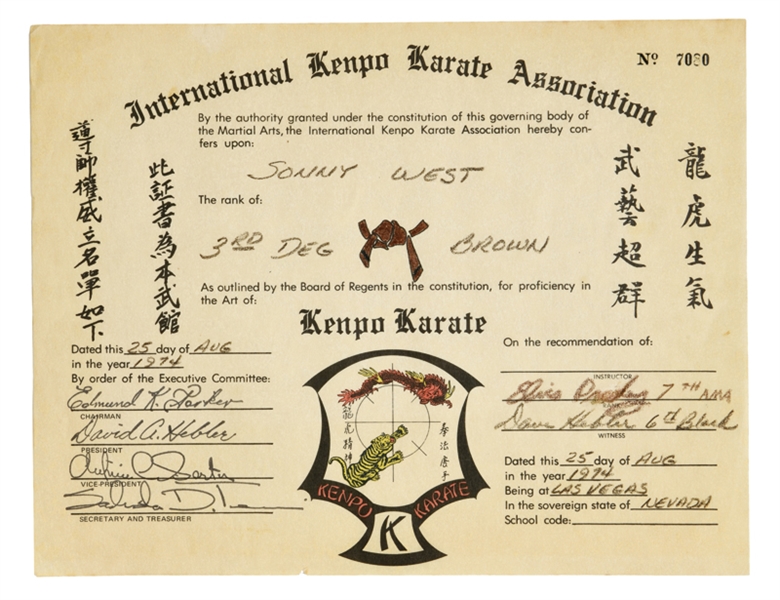 1974 Elvis Presley Signed Karate Certificate for Sonny Wests "3rd Degree Brown Belt"