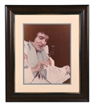 Impressive Elvis Presley Signed 11x14 Photo of Elvis in Concert Wearing One of His Blue Stage Scarves