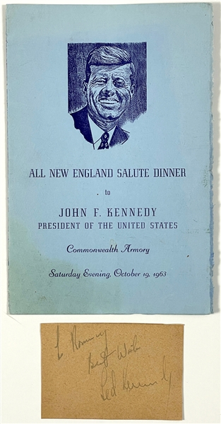 Senator Ted Kennedy Cut Signature with October 1963 “New England Salute Dinner to John F. Kennedy” Program and 1960 Medium Format Negative of Robert F. Kennedy Campaigning for JFK