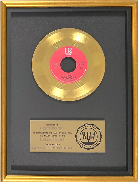 RIAA Gold Record Award for Queens 1979 Single “Crazy Little Thing Called Love” - “Presented to Freddie Mercury” Certified in 1980