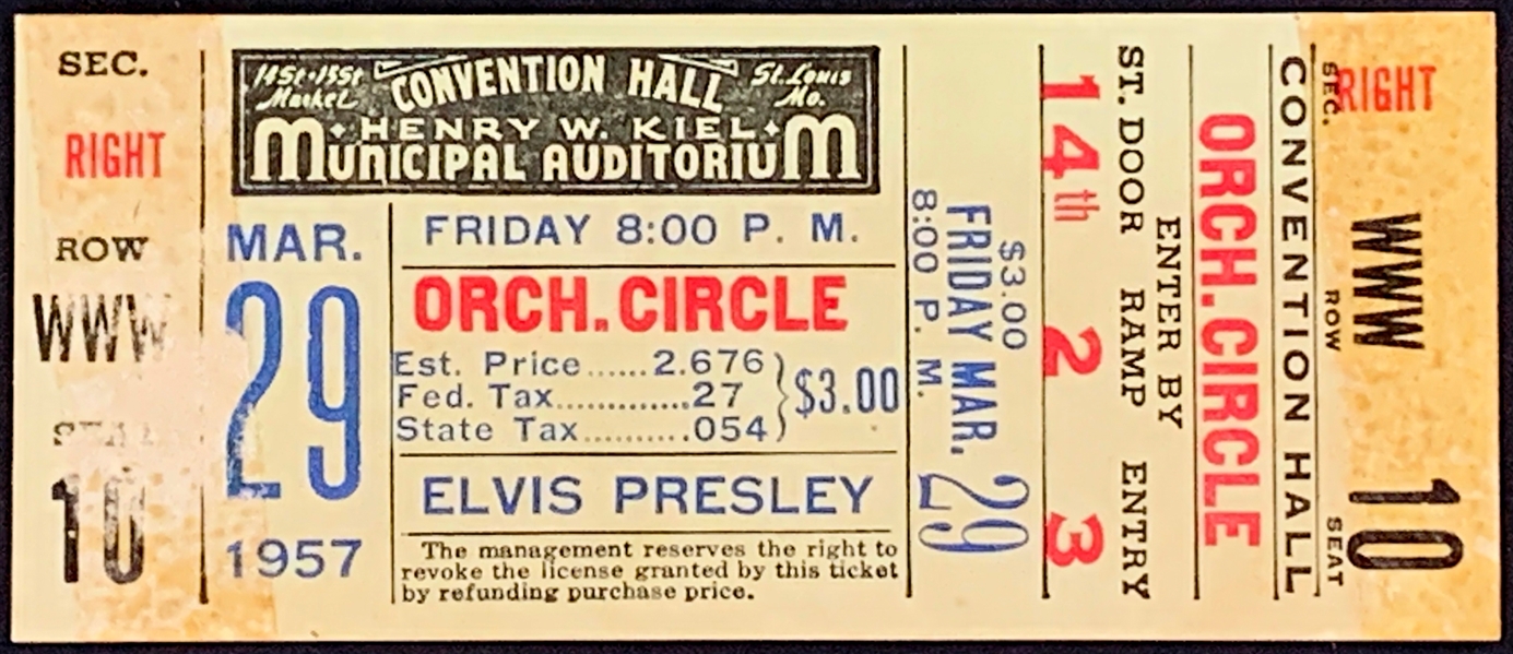 Incredible March 29, 1957, FULL TICKET for Elvis Presley Concert at St. Louis Kiel Auditorium
