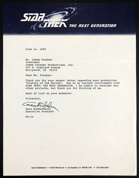 Gene Roddenberry Signed Letter on <em>Star Trek: The Next Generation</em> Letterhead Plus His Business Card with Starship Enterprise Image!