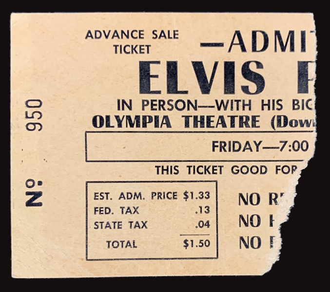 Elvis Presley Concert Ticket Stub from Miami’s Olympia Theatre for 7 PM Show, August 4, 1956