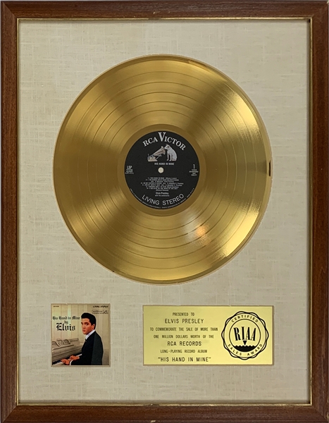 RIAA Gold Record Award for Elvis Presleys 1960 LP <em> His Hand in Mine</em> - Certified in 1969 - Early White Linen Matte Style