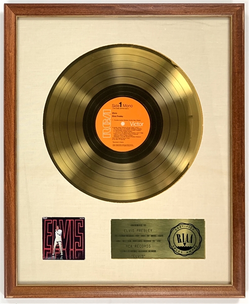 RIAA Gold Record Award for Elvis Presleys 1968 LP <em>ELVIS</em> (68 Comeback TV Special Soundtrack) - Certified in 1969 – Early White Linen Matte Style