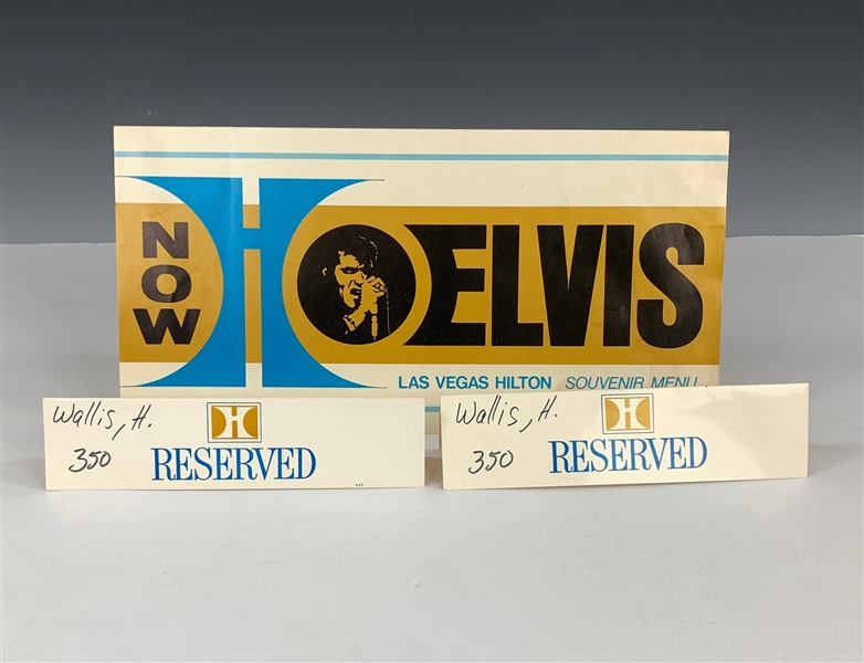 1973 Elvis Presley Hilton Hotel “Reserved”Table  Signs (2) for Producer Hal Wallis Plus Concert Menu