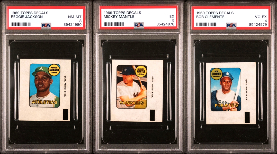1969 Topps Decals Graded Trio (3) Incl. Mickey Mantle, Reggie Jackson and Roberto Clemente