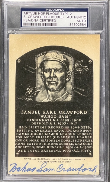 Sam Crawford Signed Black and White Hall of Fame Plaque - Twice Signed "Wahoo Sam" - Encapsulated PSA/DNA