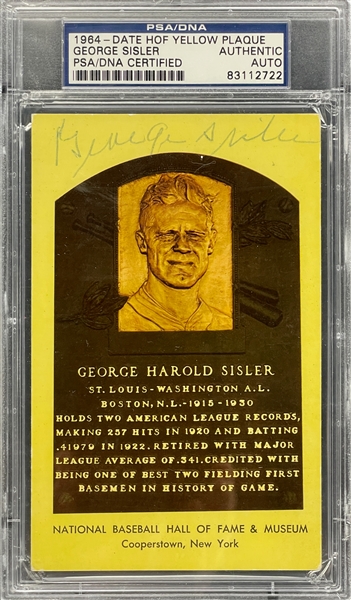 George Sisler Signed Yellow Hall of Fame Plaque Encapsulated PSA/DNA