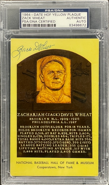 Zach Wheat Signed Yellow Hall of Fame Plaque Encapsulated PSA/DNA