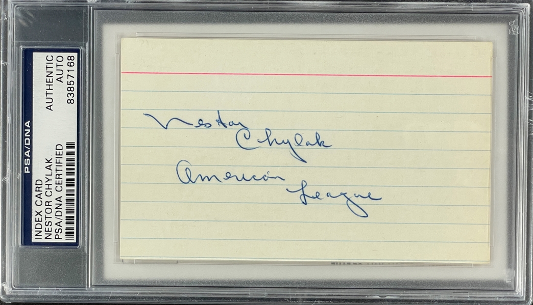 Nestor Chylak Signed Index Card with Yellow Hall of Fame Plaque Encapsulated PSA/DNA