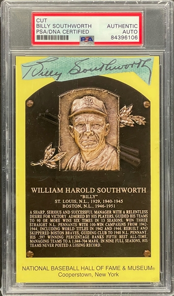 Billy Southworth Cut Signature on Yellow Hall of Fame Plaque Encapsulated PSA/DNA