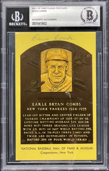 Earle Combs Signed Yellow Hall of Fame Plaque (Beckett Encapsulated)