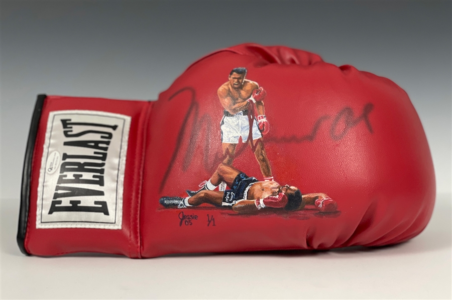 Muhammad Ali Signed Everlast Boxing Glove with Original Jolene Jessie Painting (1/1) of His Famous Knockout of Sonny Liston