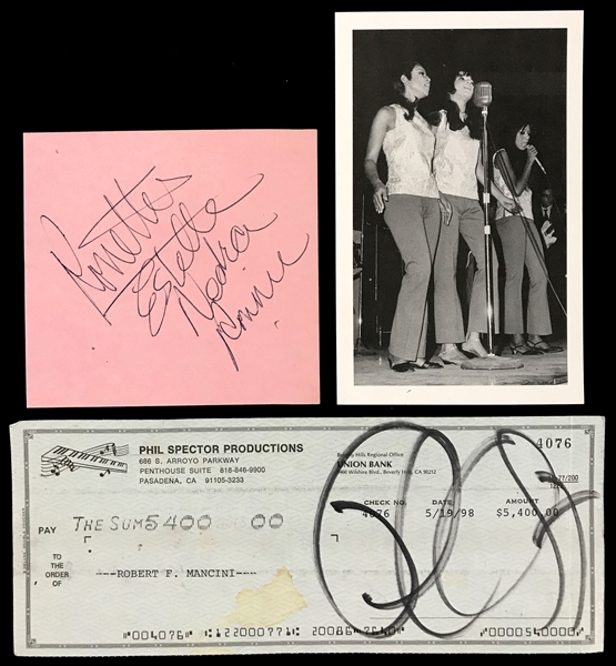 Phil Spector Signed “Phil Spector Productions” Check and 1960s Estelle Bennett (Ronettes) Signed Autograph Book Page