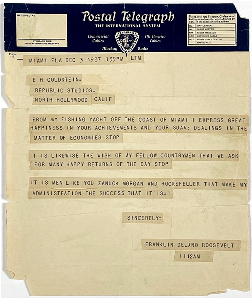 1937 Telegram from President Franklin D. Roosevelt Sent to Head of Republic Studios in Hollywood