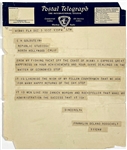 1937 Telegram from President Franklin D. Roosevelt Sent to Head of Republic Studios in Hollywood