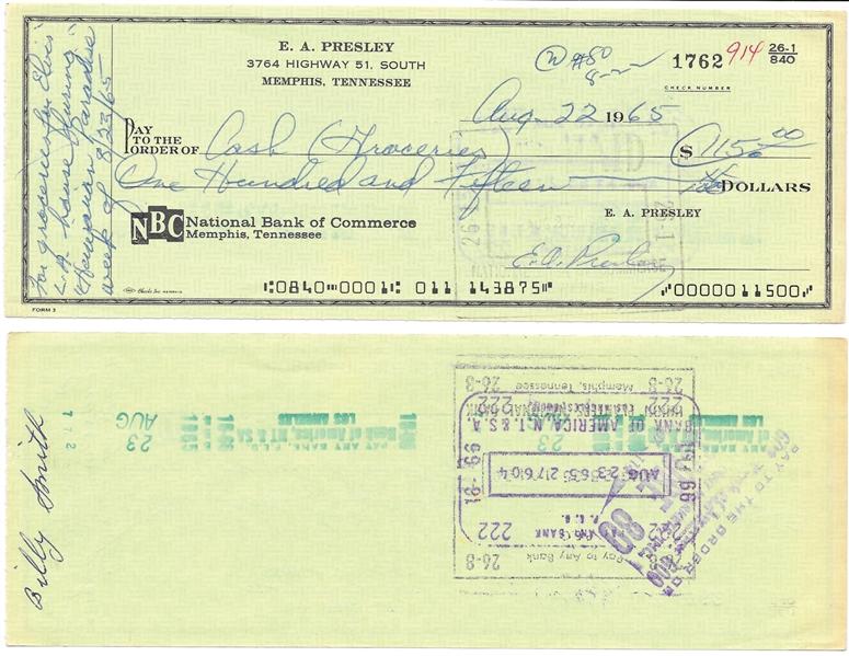 August 22, 1965, Elvis Presley Signed Check Written for “For Groceries for Elvis’ L.A. House” While Filming <em>Paradise, Hawaiian Style</em>