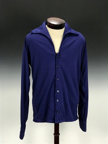 Elvis Presley Owned Custom Made Blue Nylon V-Neck Button Down Shirt Gifted to His Cousin Billy Smith