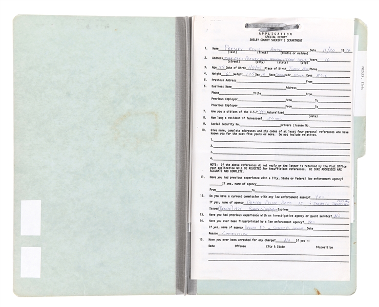 Shelby County Sheriff’s Department “Special Deputy” Files For Elvis Presley and Vernon Presley, with Four Elvis Signatures 