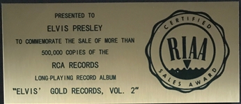 RIAA Gold Record Award for Elvis Presley's 1959 LP <em>50,000,000 Elvis Fans Can't Be Wrong: Elvis' Gold Records, Volume 2</em> - Certified in 1966