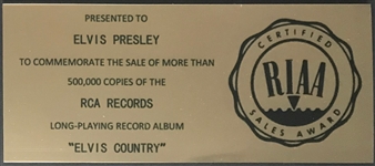 RIAA Gold Record Award for Elvis Presley's 1971 LP <em>Elvis Country (I'm 10,000 Years Old)</em> - Certified in 1977