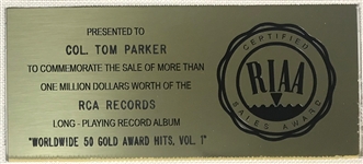 RIAA Gold Record Award for Elvis Presley’s 1970 LP <em>Worldwide 50 Gold Award Hits, Vol. 1</em> - To Col. Tom Parker - Certified in 1973 - White Linen Matte Style