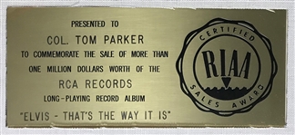 RIAA Gold Record Award for Elvis Presley’s 1970 LP <em>Elvis: That’s the Way It Is</em> - To Col. Tom Parker - Certified in 1973 - White Linen Matte Style