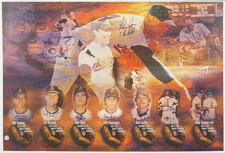 Nolan Ryan Signed and Inscribed “7 No Hitters” Poster LE 97/347 – Also Signed by His Seven No Hitter Catchers