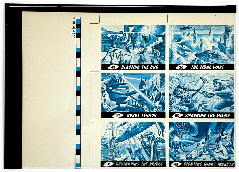 1962 Topps “Mars Attacks” Uncut Sheet of Production Color Proof of Six Cards - #s 7, 26, 32,43, 45 and 50 - with Black and Cyan Plates (2 Pieces)