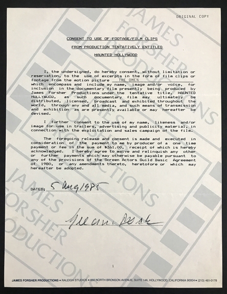 Collection of 7 Signed Release Forms for Horror Film Documentary with Linda Blair (<em>The Exorcist</em>), Gregory Peck & Lee Remick (<em>The Omen</em>), and JoBeth Williams (<em>Poltergeist</em>)