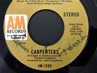 1971 “Rainy Days and Mondays” 45 RPM Single Signed on the Label by Karen and Richard Carpenter