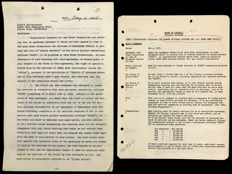 Incredible and Historic Agreement Between MGM and Warner Bros. Allowing Elizabeth Taylor to Act in <em>GIANT</em> and James Dean to Act in <em>Somebody Up There Likes Me</em>