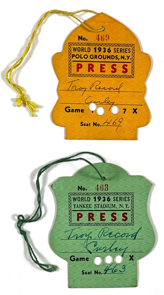 1936 World Series Press Pass Badges (Yankee Stadium and Polo Grounds), BWA Letter, Envelopes, Press Scorecards and Typed Stories for New York Yankees vs. Giants – Games 1-6