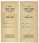 1936 World Series Press Pass Badges (Yankee Stadium and Polo Grounds), BWA Letter, Envelopes, Press Scorecards and Typed Stories for New York Yankees vs. Giants – Games 1-6