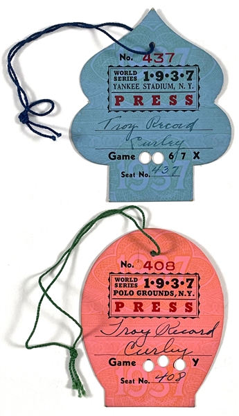 1937 World Series Press Pass Badges, BWA Letter and Envelopes for New York Yankees vs. Giants – Games 1-5