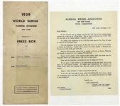 1939 World Series Press Pass, BWA Letter and Envelopes for New York Yankees vs. Cincinnati Reds – Games 1 and 2