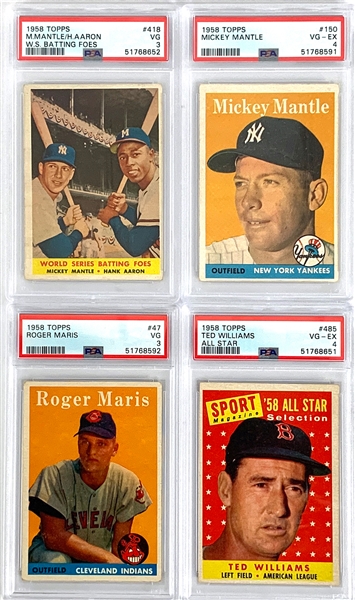 1958 Topps Baseball Complete Set (494) with Four PSA Graded Incl. Mantle, Maris, T. Williams All-Star and  Mantle/Aaron