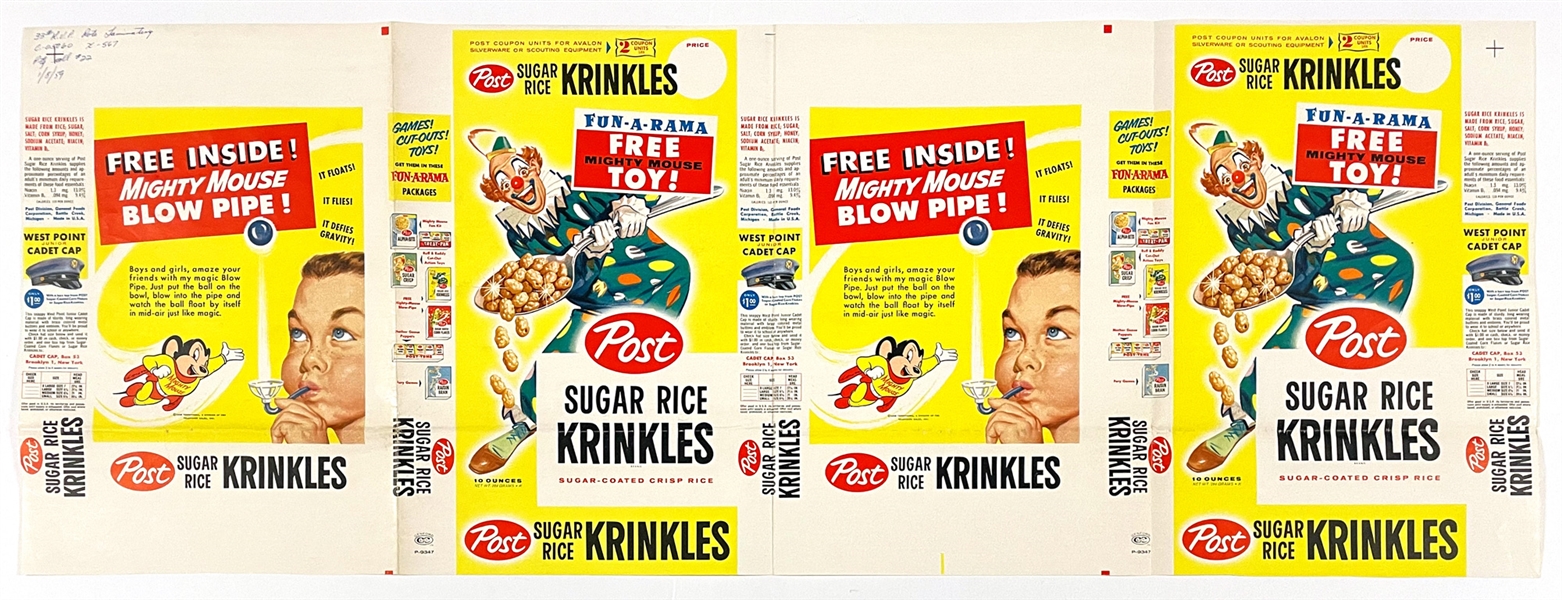 1959 Post “Sugar Rice Krinkles” Full Box Printers Proof with Mighty Mouse Toy Ad