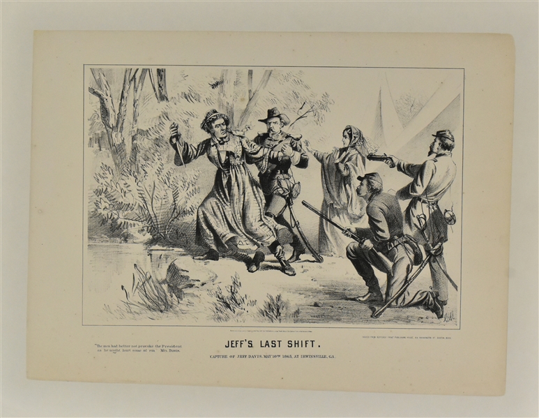 1865 J.H. Bufford Lithograph “JEFF”S LAST SHIFT” Picturing Confederate President Jefferson Davis Fleeing Disguised as a Woman