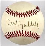 Carl Hubbell Signed Baseball and Signed 1983 Donruss Grand Champions #55 Postcard