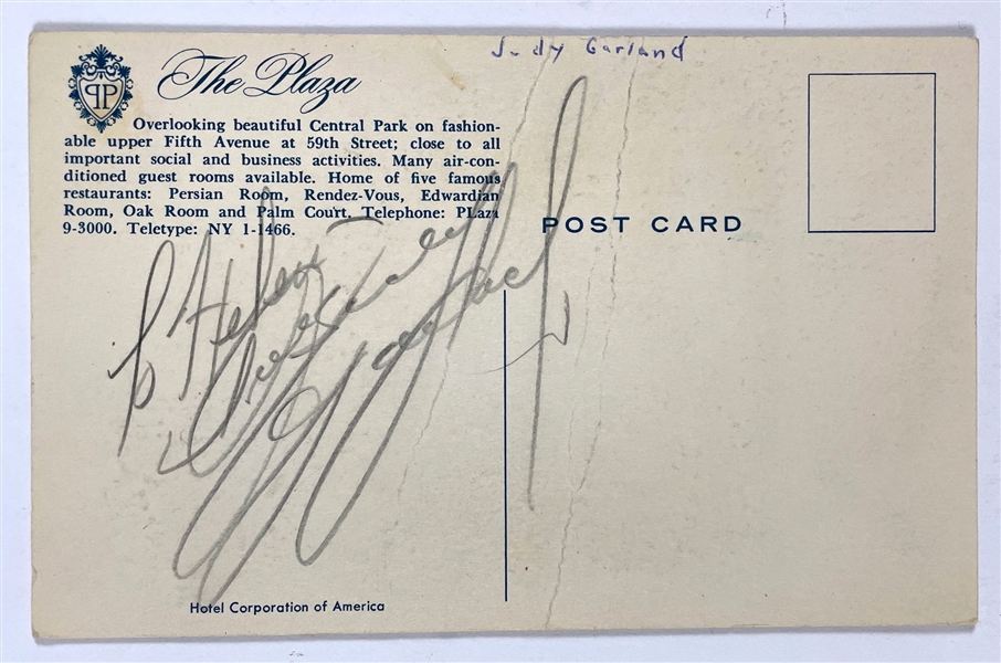 Judy Garland Signed Postcard from New Yorks "Plaza Hotel"