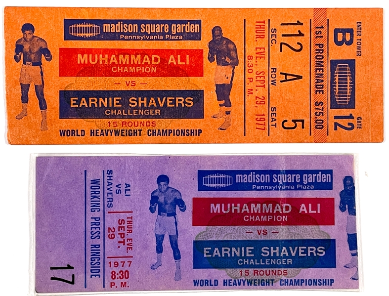 Pair of September 29, 1977, Muhammad Ali vs. Earnie Shavers Pictorial Ticket Stubs at Madison Square Garden – One Regular Ticket and one “Working Press Ringside” Ticket