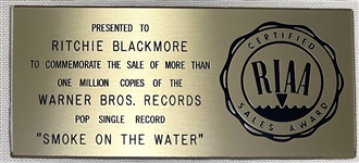 RIAA Gold Record Award for Deep Purple's 1973 Single “Smoke on the Water” - “To Richie Blackmore” Certified in 1973 White Linen Matte Style