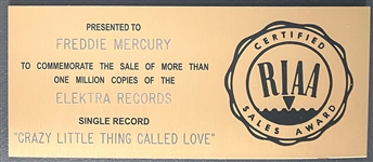 RIAA Gold Record Award for Queen's 1979 Single “Crazy Little Thing Called Love” - “Presented to Freddie Mercury” Certified in 1980
