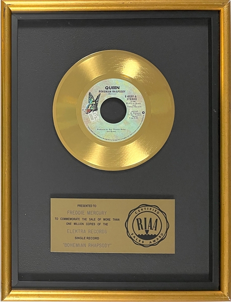 RIAA Gold Record Award for Queens 1975 Single “Bohemian Rhapsody” - “Presented to Freddie Mercury” Certified in 1976