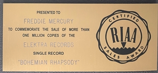 RIAA Gold Record Award for Queen's 1975 Single “Bohemian Rhapsody” - “Presented to Freddie Mercury” Certified in 1976