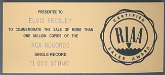 RIAA Gold Record Award for Elvis Presley's 1958 Single “I Got Stung” - “Presented to Elvis Presley” - Certified in 1983