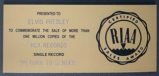 RIAA Gold Record Award for Elvis Presley's 1962 Single “Return to Sender” - “Presented to Elvis Presley” Certified in 1983